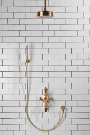 Elbe Dual Outlet Shower Kit - Semi-Exposed Valve - Black Ceramic Lever - Handshower Hook - Ceiling Mounted Rose - Brushed Brass