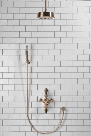 Elbe Dual Outlet Shower Kit - Semi-Exposed Valve - Black Ceramic Lever - Handshower Hook - Ceiling Mounted Rose - Brushed Nickel