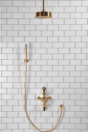 Elbe Dual Outlet Shower Kit - Semi-Exposed Valve - Black Ceramic Lever - Handshower Hook - Ceiling Mounted Rose - Polished Brass