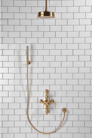 Elbe Dual Outlet Shower Kit - Semi-Exposed Valve - Brushed Brass Lever - Handshower Hook - Ceiling Mounted Rose - Brushed Brass