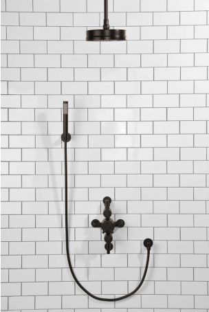 Elbe Dual Outlet Shower Kit - Semi-Exposed Valve - Matt Black Lever - Handshower Hook - Ceiling Mounted Rose - Matt Black