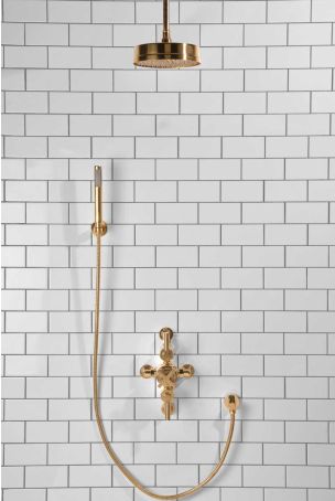 Elbe Dual Outlet Shower Kit - Semi-Exposed Valve - Polished Brass Lever - Handshower Hook - Ceiling Mounted Rose - Polished Brass