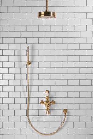 Elbe Dual Outlet Shower Kit - Semi-Exposed Valve - White Ceramic Lever - Handshower Hook - Ceiling Mounted Rose - Brushed Brass