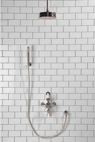 Elbe Dual Outlet Shower Kit - Semi-Exposed Valve - White Ceramic Lever - Handshower Hook - Ceiling Mounted Rose - Chrome Finish