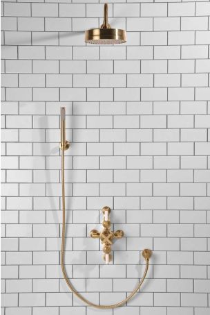 Elbe Dual Outlet Shower Kit - Semi-Exposed Valve - White Ceramic Lever - Handshower Hook - Brushed Brass