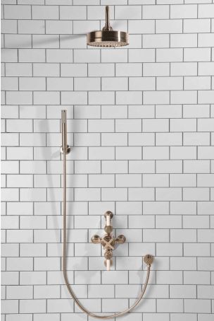 Elbe Dual Outlet Shower Kit - Semi-Exposed Valve - White Ceramic Lever - Handshower Hook - Brushed Nickel