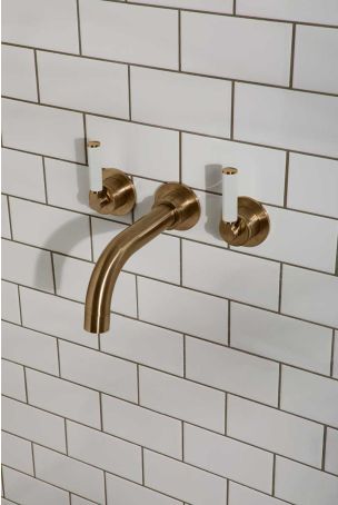 Senska 3-Hole Bath Filler - Wall Mounted - White Lever - Brushed Brass