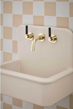 Senska - 3-Hole Basin Mixer Tap - Backsplash Basin Mounted - Black Lever - Polished Brass