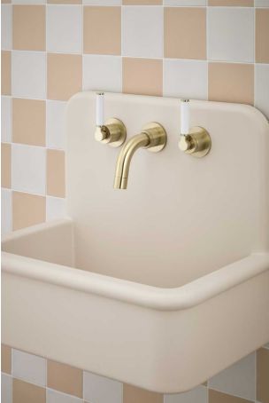 Senska - 3-Hole Basin Mixer Tap - Backsplash Basin Mounted - White Lever - Brushed Brass