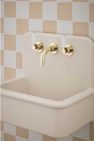 Senska - 3-Hole Basin Mixer Tap - Backsplash Basin Mounted - White Lever - Polished Brass