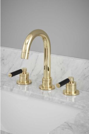 Senska - 3-Hole Basin Mixer - Deck Mounted - Black Lever - Polished Brass