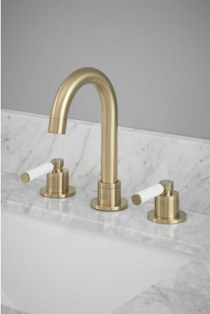 Senska - 3-Hole Basin Mixer - Deck Mounted - White Lever - Brushed Brass