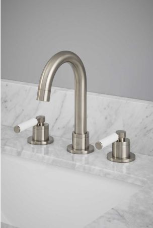 Senska - 3-Hole Basin Mixer - Deck Mounted - White Lever - Brushed Nickel