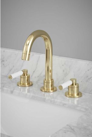 Senska - 3-Hole Basin Mixer - Deck Mounted - White Lever - Polished Brass