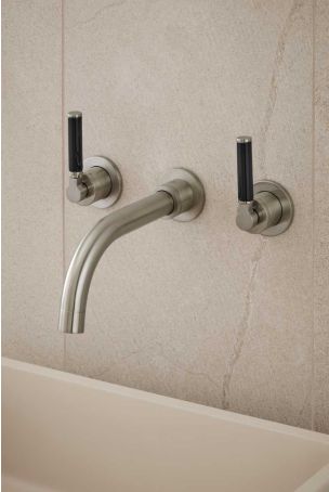 Senska - 3-Hole Basin Mixer - Wall Mounted - Black Lever - Brushed Nickel