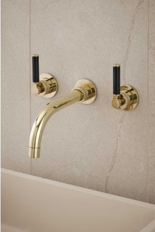 Senska - 3-Hole Basin Mixer - Wall Mounted - Black Lever - Polished Brass