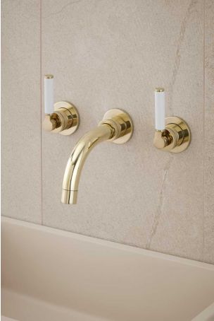 Senska - 3-Hole Basin Mixer - Wall Mounted - White Lever - Short Spout - Polished Brass