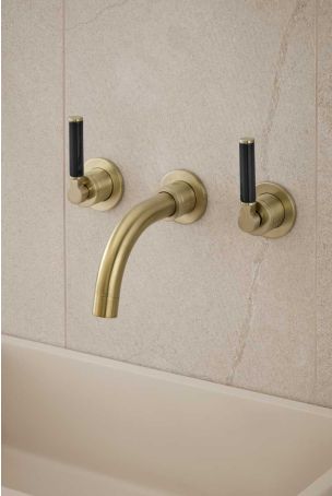 Senska - 3-Hole Basin Mixer - Wall Mounted - Black Lever - Short Spout - Brushed Brass