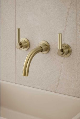 Senska - 3-Hole Basin Mixer - Wall Mounted - Metal Lever - Short Spout - Brushed Brass