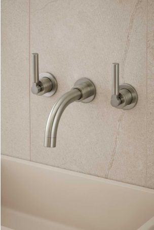 Senska - 3-Hole Basin Mixer - Wall Mounted - Metal Lever - Short Spout - Brushed Nickel