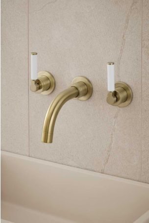 Senska - 3-Hole Basin Mixer - Wall Mounted - White Lever - Short Spout - Brushed Brass