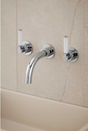 Senska - 3-Hole Basin Mixer - Wall Mounted - White Lever - Short Spout - Chrome Finish