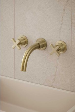 Bayor - 3-Hole Basin Mixer - Wall Mounted - Crosshead - Short Spout - Brushed Brass