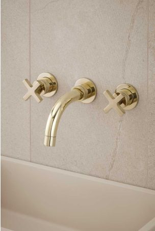 Bayor - 3-Hole Basin Mixer - Wall Mounted - Crosshead - Short Spout - Polished Brass