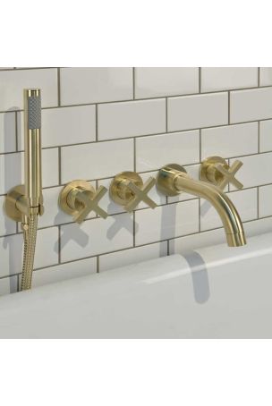 Bayor 5-Hole - Wall Mounted - Bath Shower Mixer - X Top - Brushed Brass