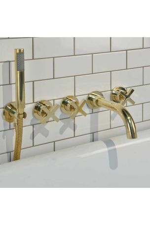 Bayor 5-Hole - Wall Mounted - Bath Shower Mixer - X Top - Polished Brass