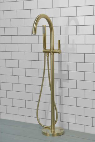 Senska - Bath Shower Mixer - Floor Mounted - Metal Lever - Brushed Brass
