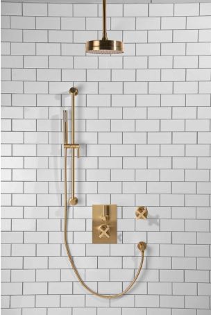 Elbe - Concealed Shower Set + Diverter - Metal Lever/X-Top - 8" Rose - Ceiling Mounted Rose - Brushed Brass