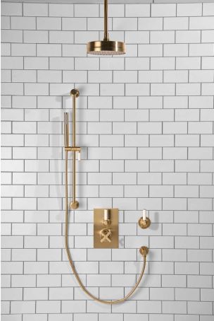 Elbe - Concealed Shower Set + Diverter - White Lever/White Lever - 8" Rose - Ceiling Mounted Rose - Brushed Brass