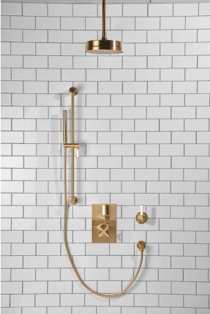 Elbe - Concealed Shower Set + Diverter - White Lever/White Lever - 8" Rose - Ceiling Mounted Rose - Brushed Brass