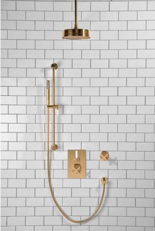 Elbe - Concealed Shower Set + Diverter - White Lever/X-Top - 8" Rose - Ceiling Mounted Rose - Polished Brass