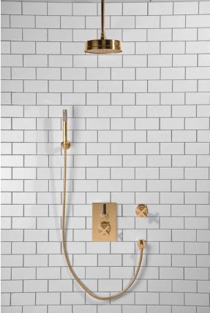 Elbe - Concealed Shower Set + Diverter - Hook Mount - Black Lever/X-Top - 8" Rose - Ceiling Mounted Rose - Polished Brass