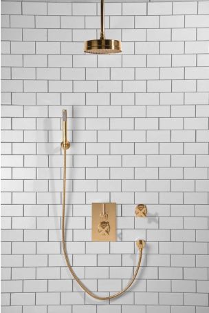 Elbe - Concealed Shower Set + Diverter - Hook Mount - Metal Lever/X-Top - 8" Rose - Ceiling Mounted Rose - Polished Brass