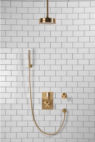 Elbe - Concealed Shower Set + Diverter - Hook Mount - White Lever/X-Top - 8" Rose - Ceiling Mounted Rose - Brushed Brass