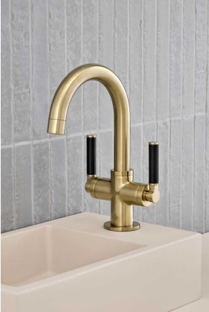 Senska Monobloc Basin Mixer - Deck Mounted - Black Lever - Brushed Brass