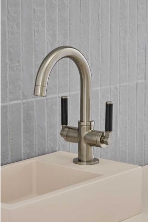 Senska Monobloc Basin Mixer - Deck Mounted - Black Lever - Brushed Nickel