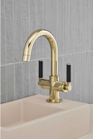 Senska Monobloc Basin Mixer - Deck Mounted - Black Lever - Polished Brass