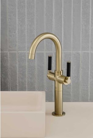 Senska Monobloc Basin Mixer - Deck Mounted - Black Lever - 100mm Extension - Brushed Brass