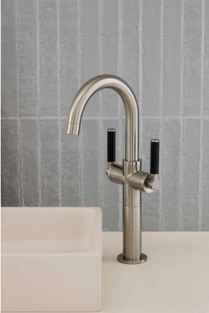 Senska Monobloc Basin Mixer - Deck Mounted - Black Lever - 100mm Extension - Brushed Nickel