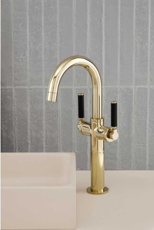 Senska Monobloc Basin Mixer - Deck Mounted - Black Lever - 100mm Extension - Polished Brass