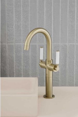 Senska Monobloc Basin Mixer - Deck Mounted - White Lever - 100mm Extension - Brushed Brass