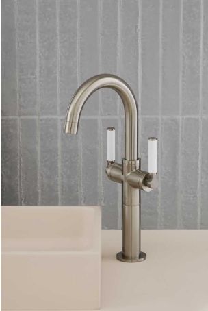 Senska Monobloc Basin Mixer - Deck Mounted - White Lever - 100mm Extension - Brushed Nickel