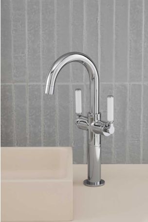 Senska Monobloc Basin Mixer - Deck Mounted - White Lever - 100mm Extension - Chrome Finish