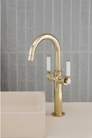 Senska Monobloc Basin Mixer - Deck Mounted - White Lever - 100mm Extension - Polished Brass