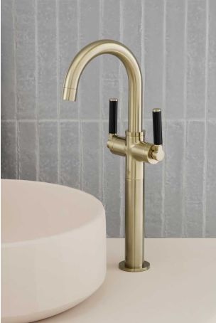 Senska Monobloc Basin Mixer - Deck Mounted - Black Lever - 160mm Extension - Brushed Brass