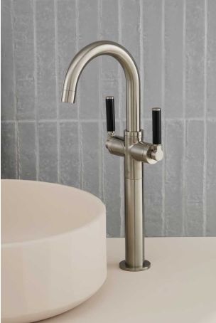 Senska Monobloc Basin Mixer - Deck Mounted - Black Lever - 160mm Extension - Brushed Nickel